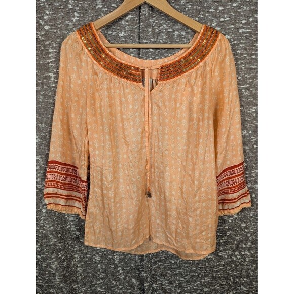 Irving & Fine Lucky Brand Beaded Orange Floral Silk Blouse Women's Small - Picture 1 of 9